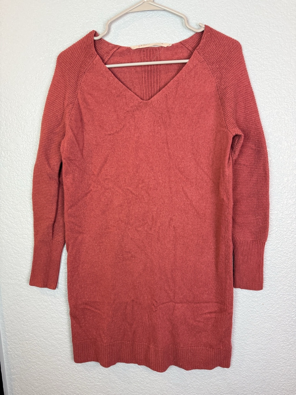 Athleta Sweater Dress Womens XS Red Mauve Wool Cashmere V Neck Long Sleeve Knit